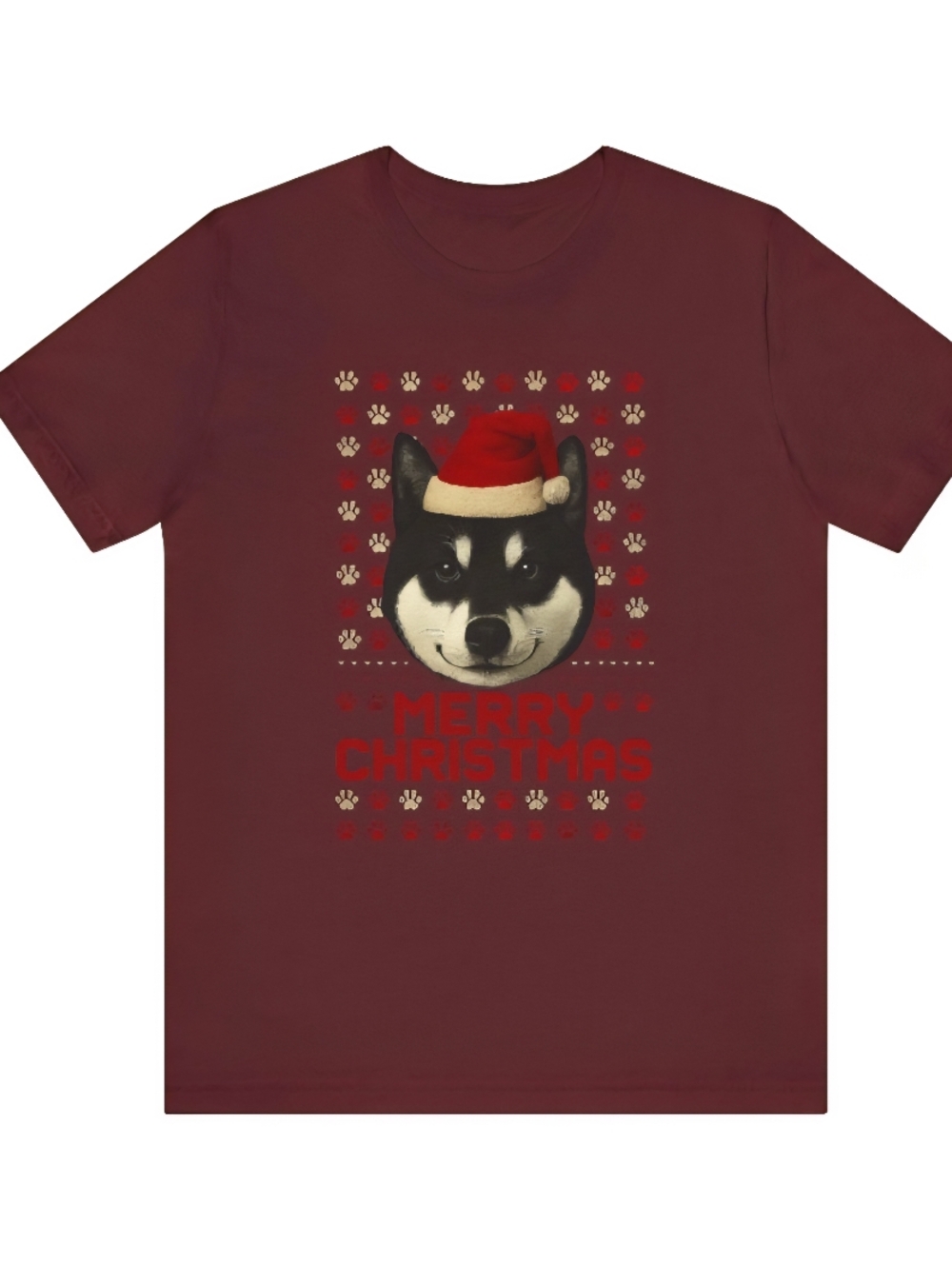 Festive Shiba Inu Christmas T-Shirt - Maroon - Picture 2 of 2